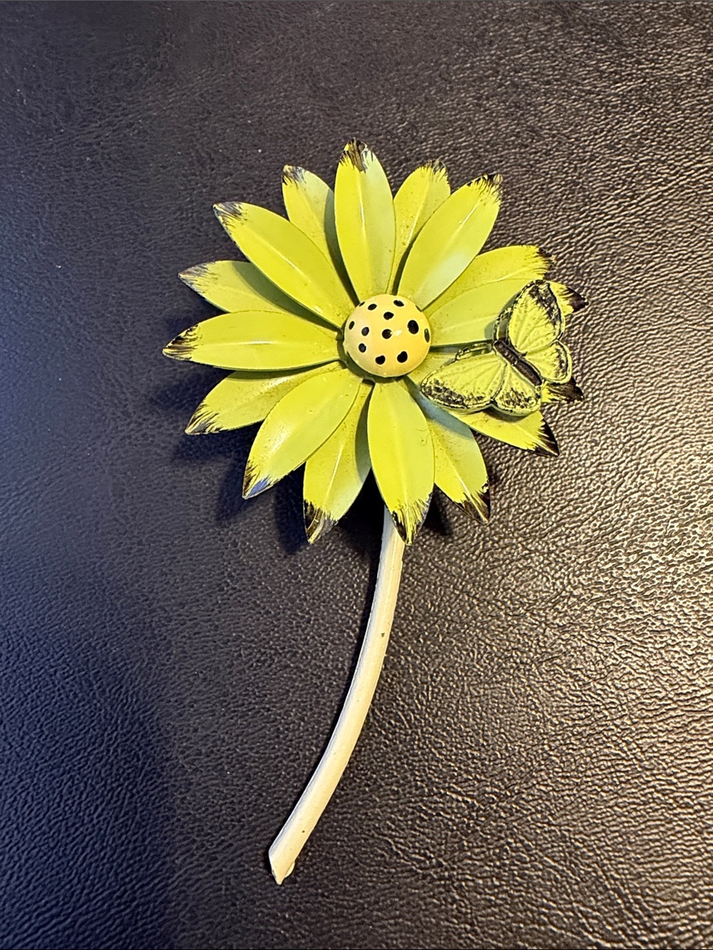 Yellow Metal Flower Brooch with Butterfly Accent